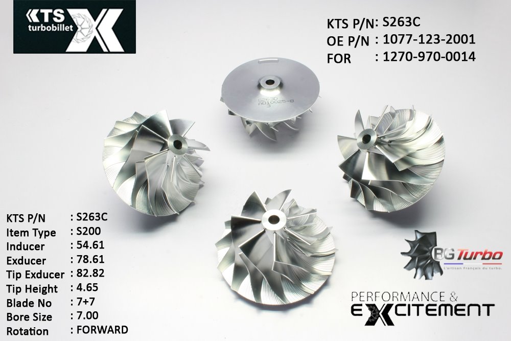 Turbo ROUE FORGÉE MFS PERFORMANCE - 7+7 PALES - INDUCER : 54,61 - EXDUCER : 78,61 - TYPE : S200ANGLE : 60° - ROTATION : Forward - SUPER BACK : 5,2 - BORE SIZE : 7
